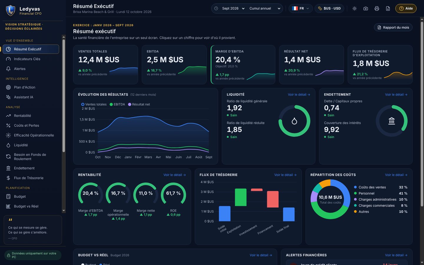 Synthèse exécutive de Ledyvas Financial CFO avec ventes, EBITDA, marge, résultat net et flux de trésorerie