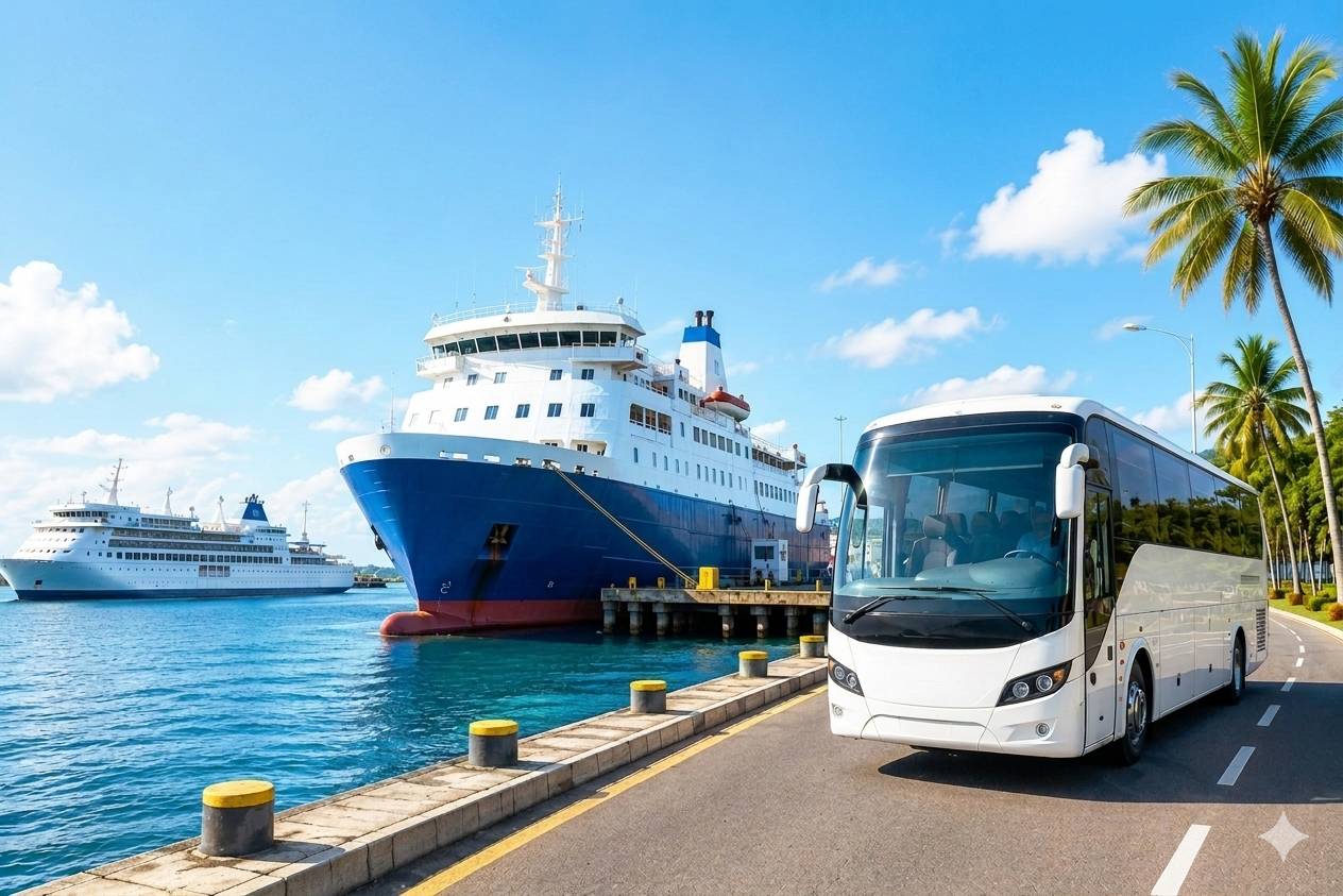 Ferry y autobús turístico en un muelle con palmeras, gestionados con Ledyvas