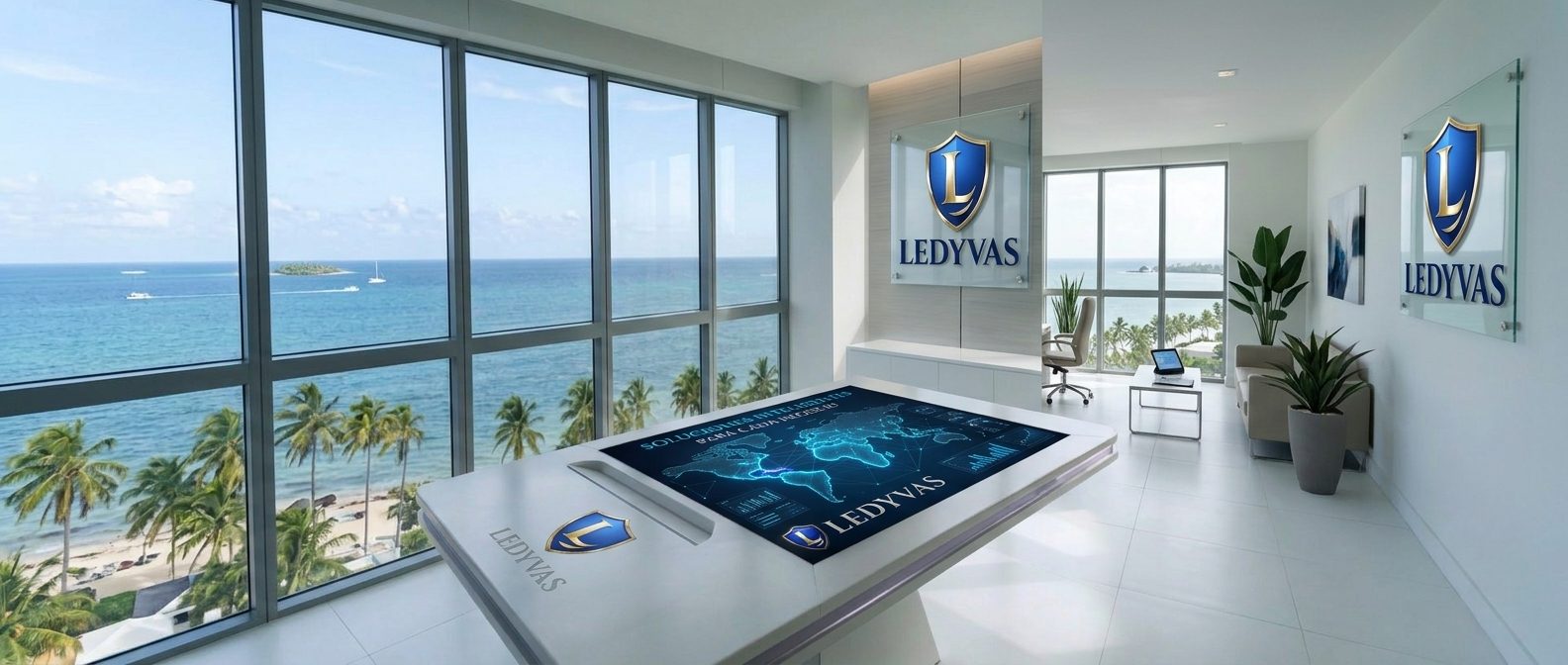 Oficina luminosa de Ledyvas con ventanales al mar y palmeras, una mesa interactiva con un mapa del mundo y el logo de Ledyvas en las paredes